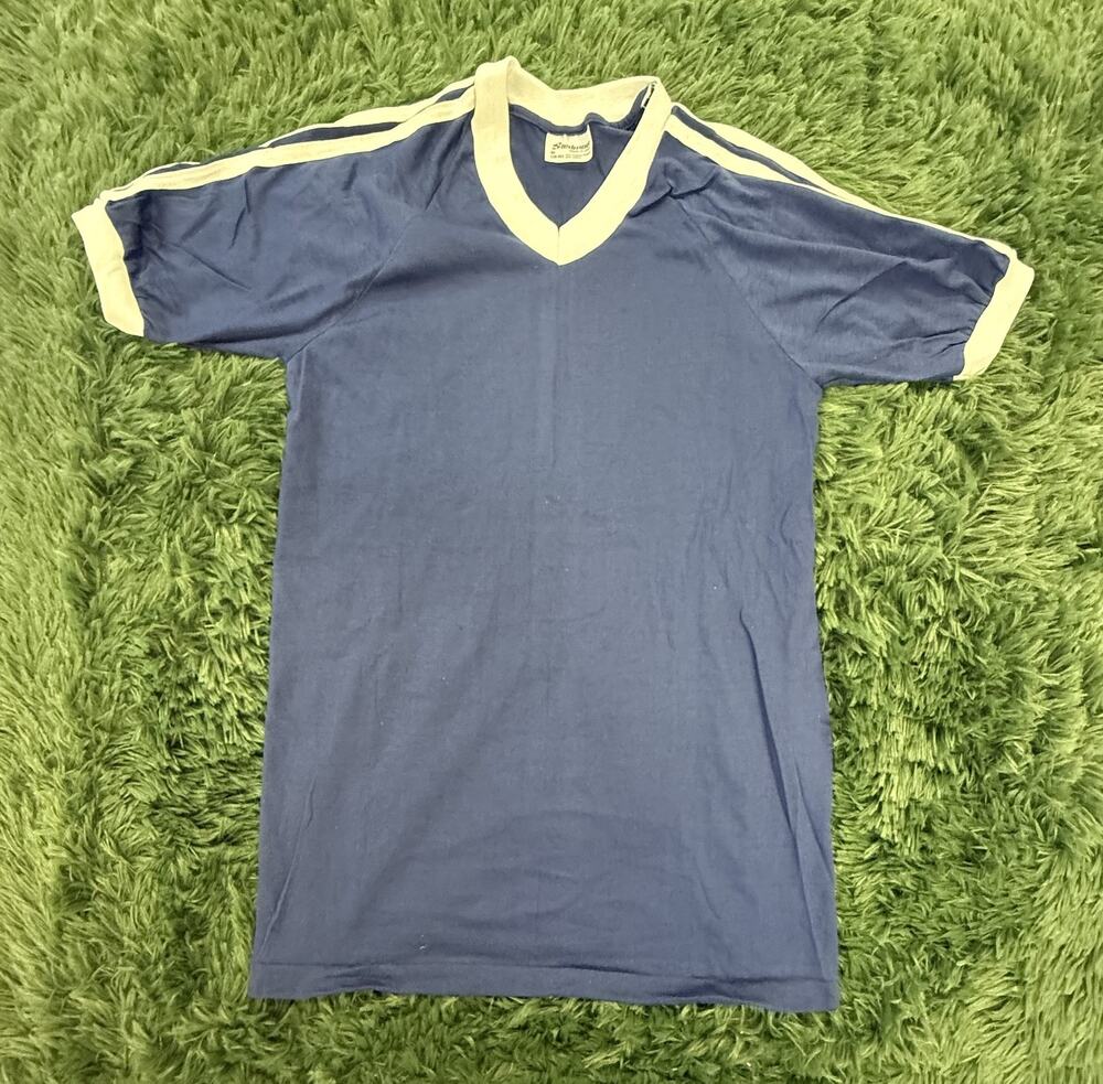 Vintage Stedman Men's M 38-40 Blue White Raglan V-Neck T-Shirt Made in USA